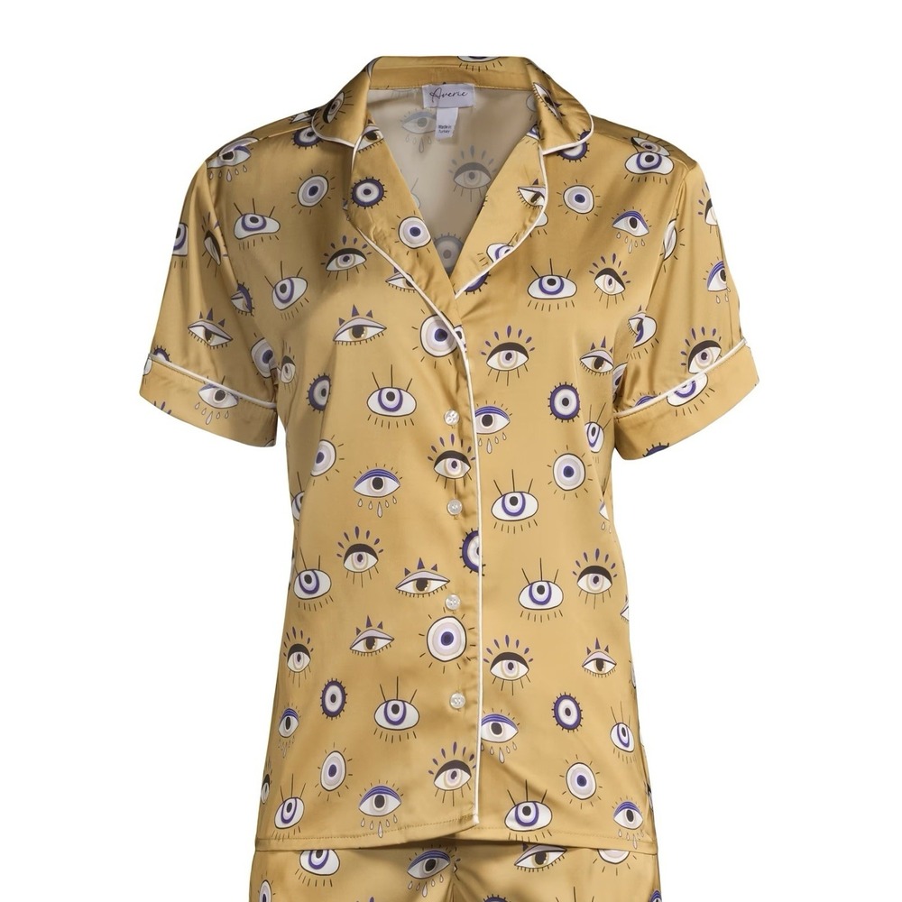 Averie Gold Amara Evil Eye Satin Pajama Shirt Top Sz M Boho Celestial Whimsical